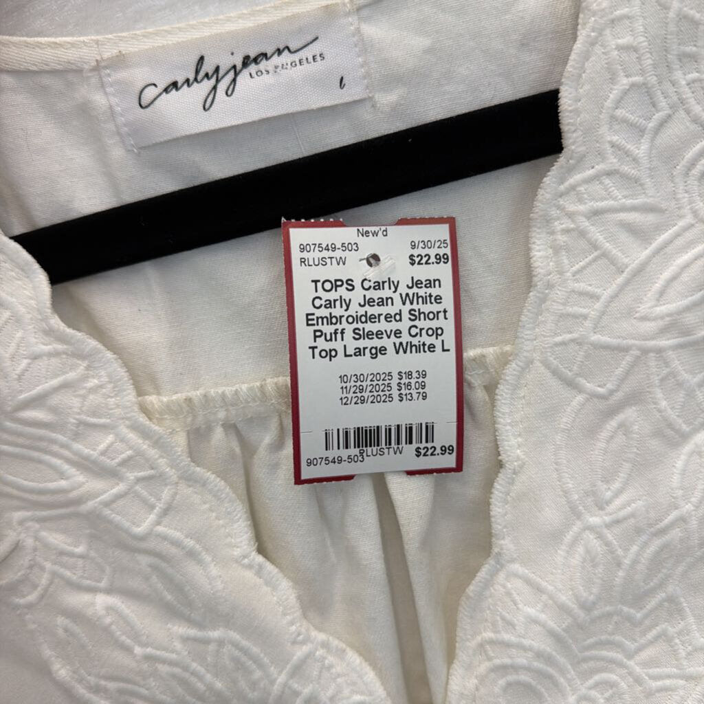 Carly Jean White Embroidered Short Puff Sleeve Crop Top Large