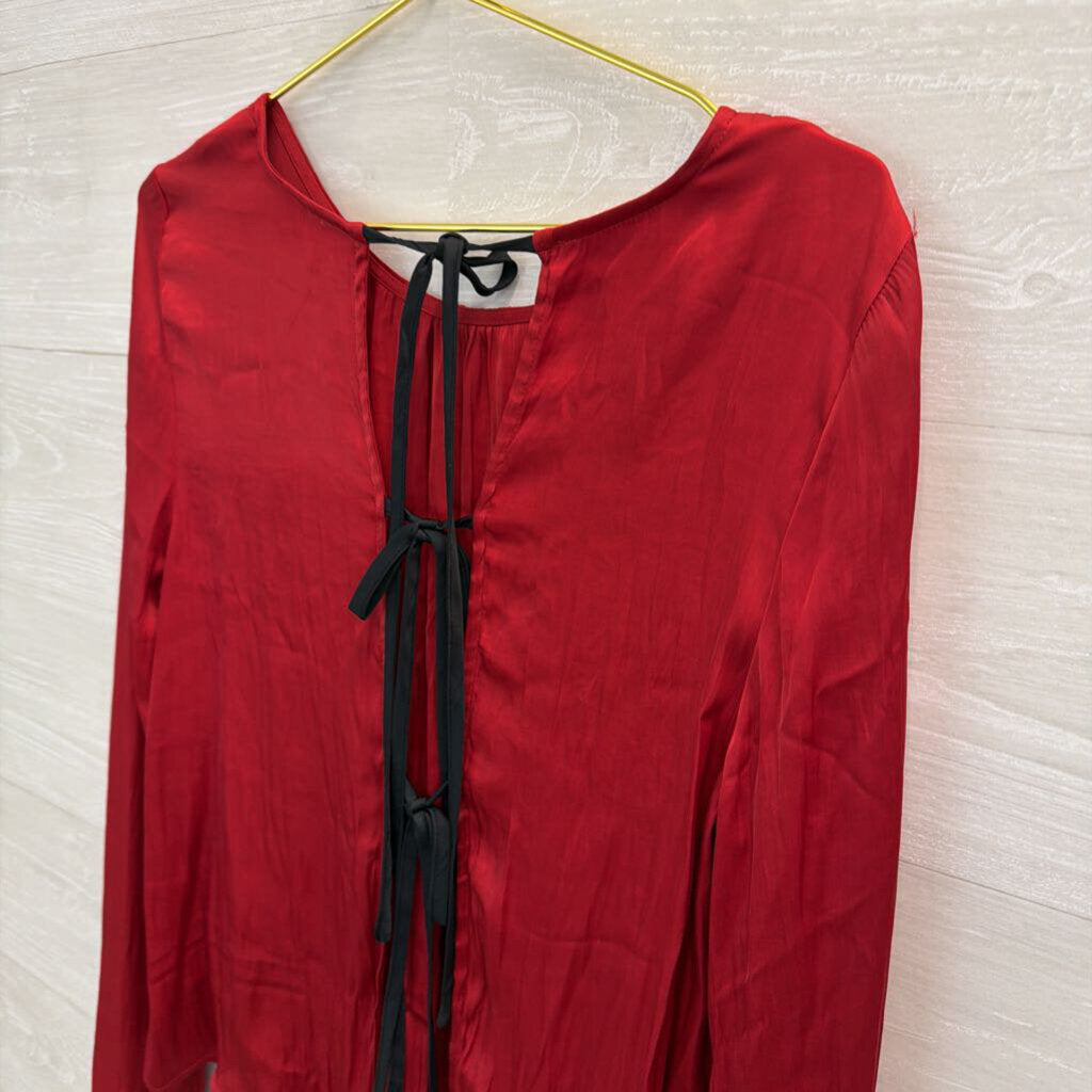 Free People Silky Red Long Sleeve Bow Tie Back Long Sleeve Top Medium