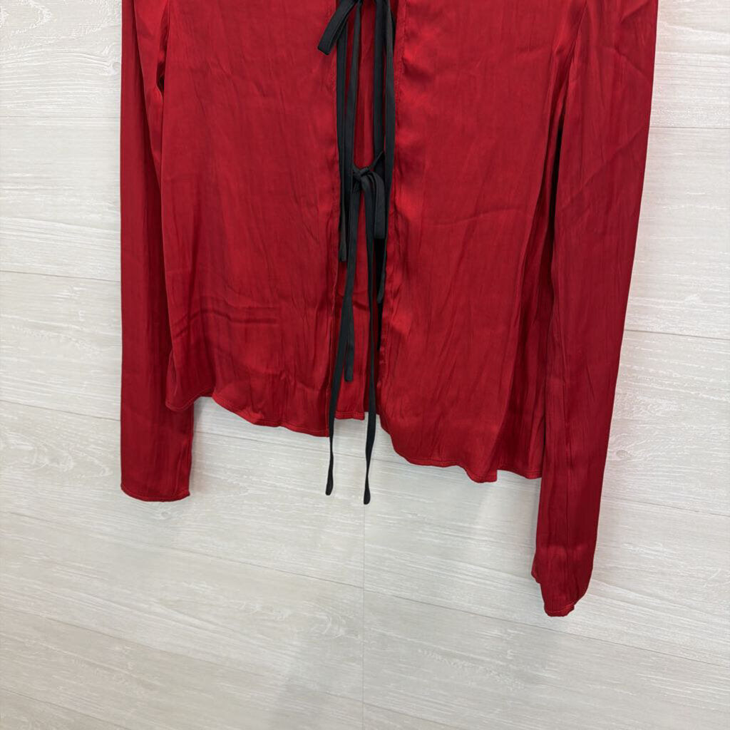 Free People Silky Red Long Sleeve Bow Tie Back Long Sleeve Top Medium