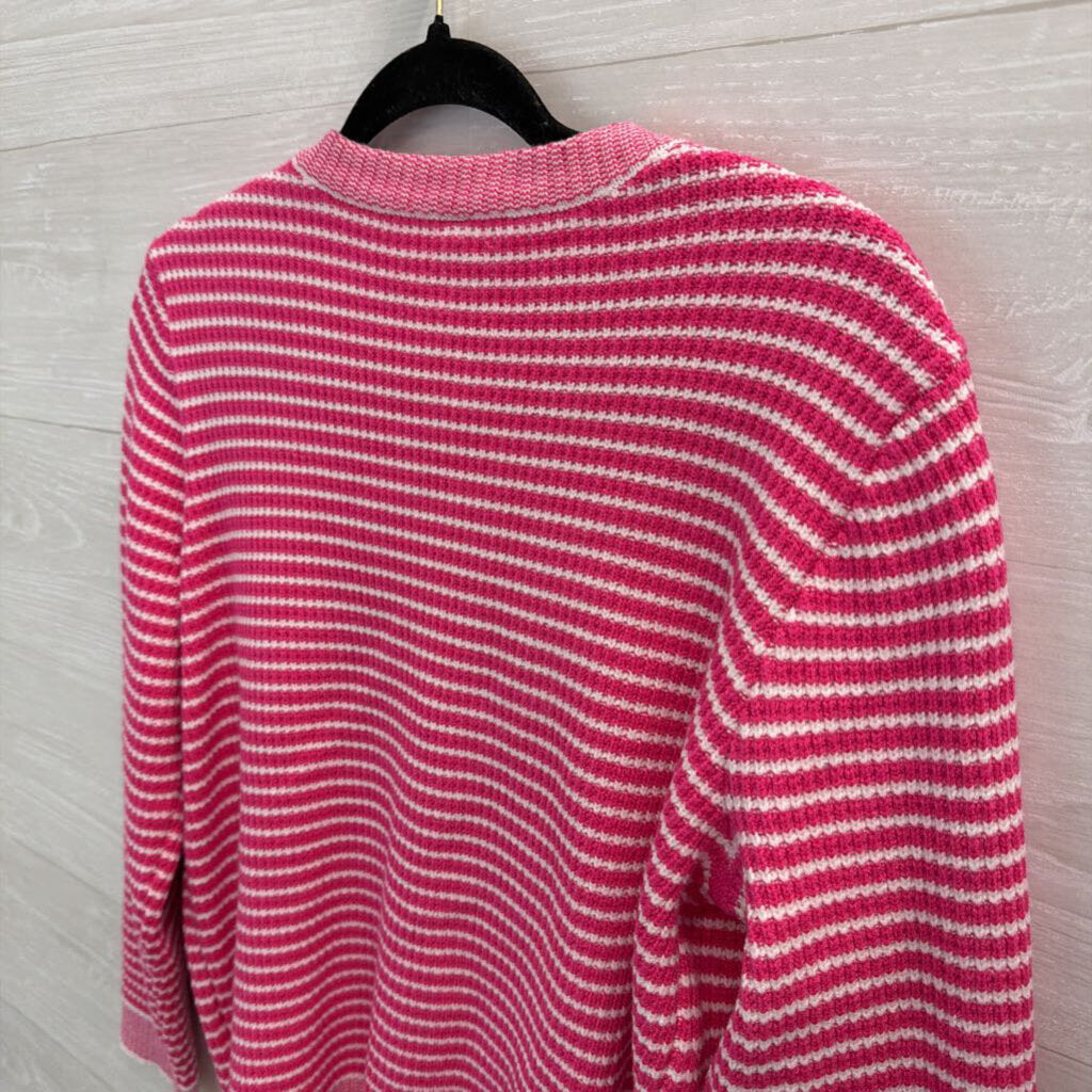 Pink/ White Knit Striped Cardigan Sweater Medium