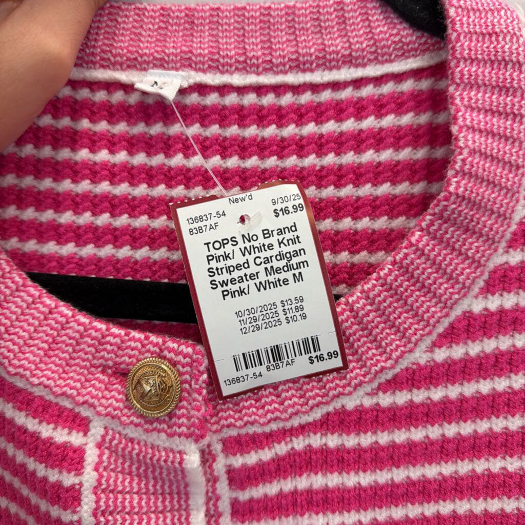 Pink/ White Knit Striped Cardigan Sweater Medium