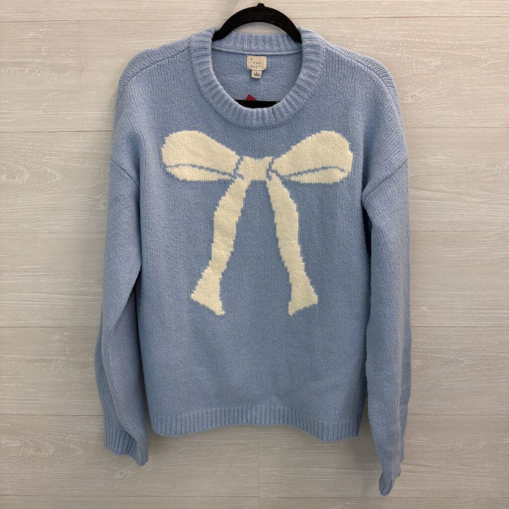 Blue/ White Bow Knit Long Sleeve Sweater Top Large