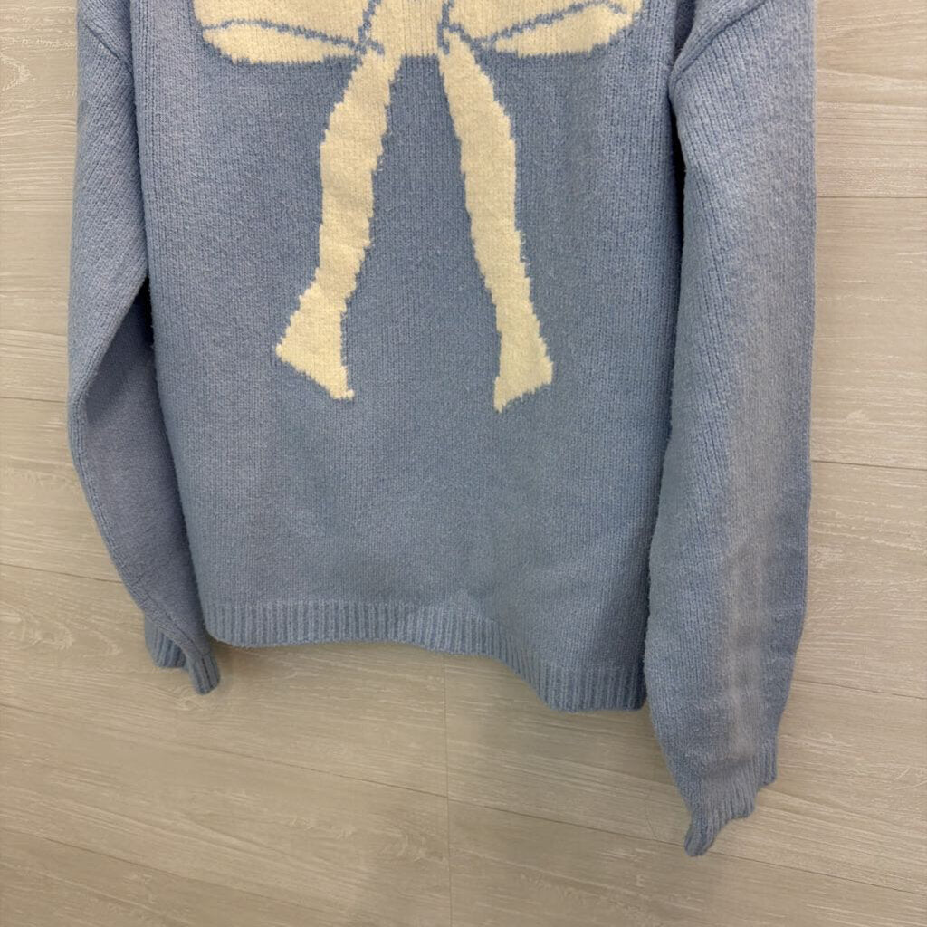 Blue/ White Bow Knit Long Sleeve Sweater Top Large