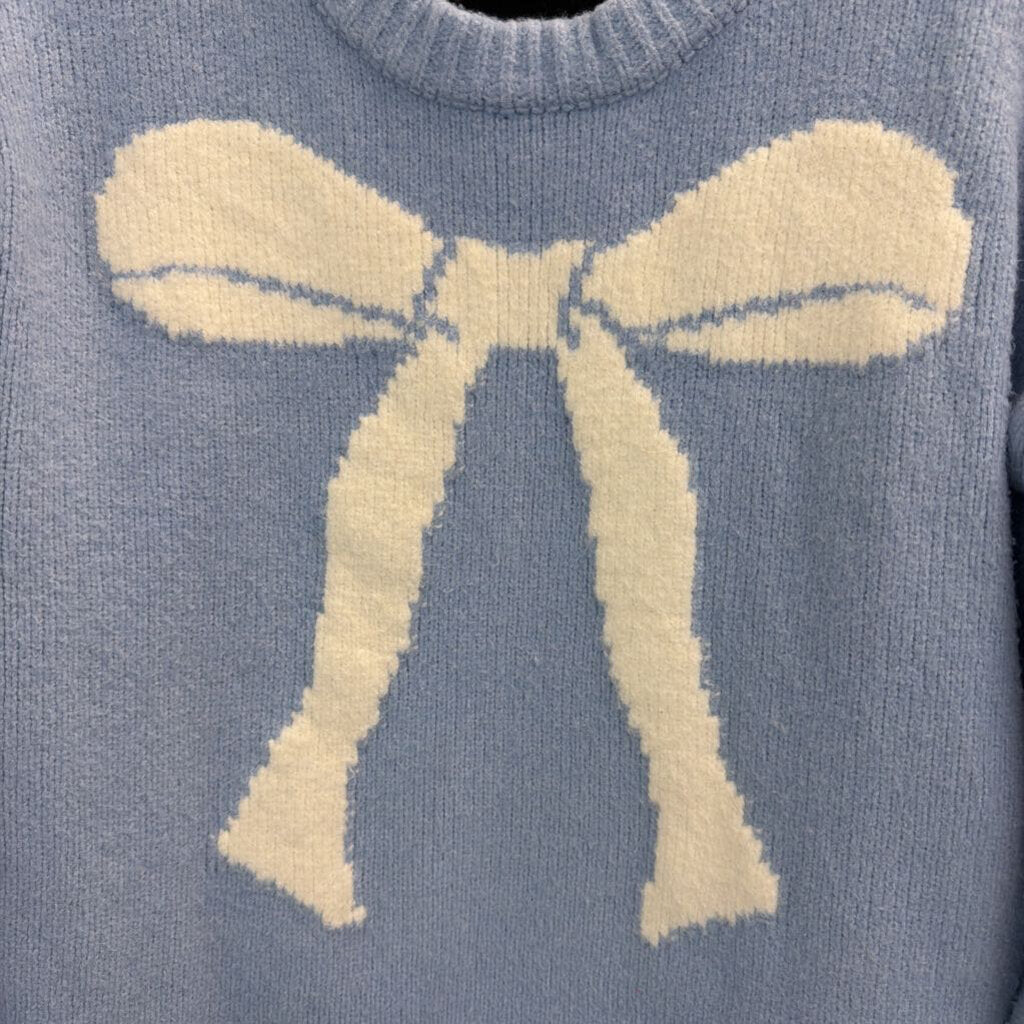 Blue/ White Bow Knit Long Sleeve Sweater Top Large