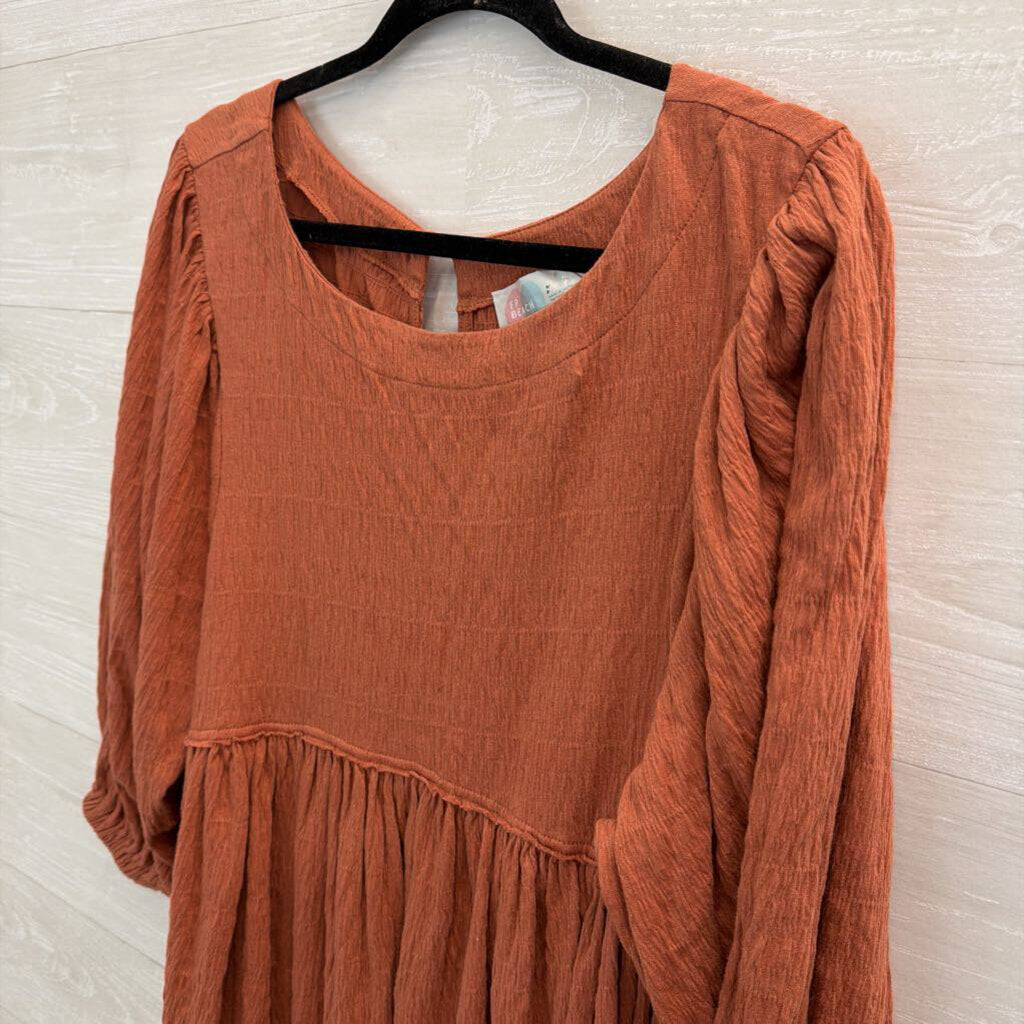 FP Beach Burnt Orange Textured Long Sleeve Baby Doll Dress Small