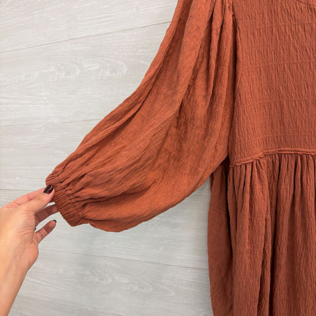 FP Beach Burnt Orange Textured Long Sleeve Baby Doll Dress Small