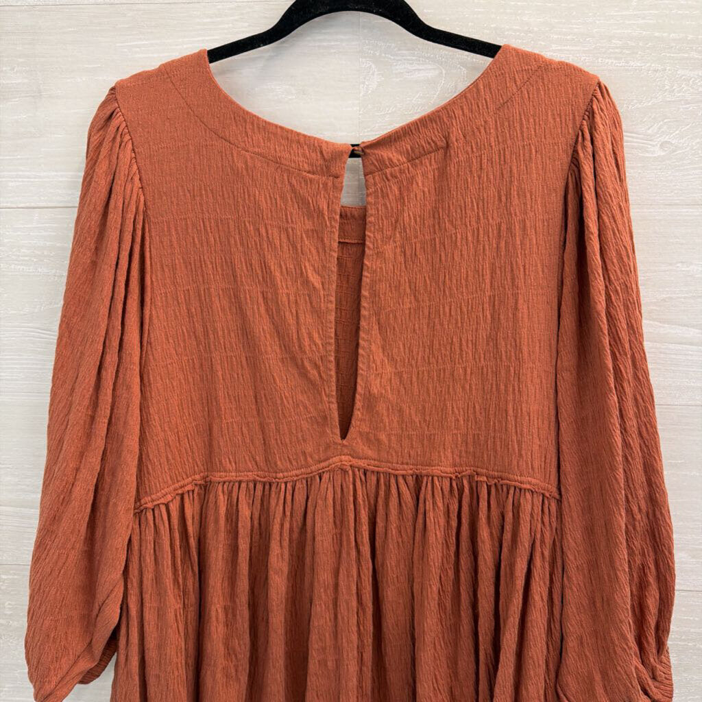 FP Beach Burnt Orange Textured Long Sleeve Baby Doll Dress Small