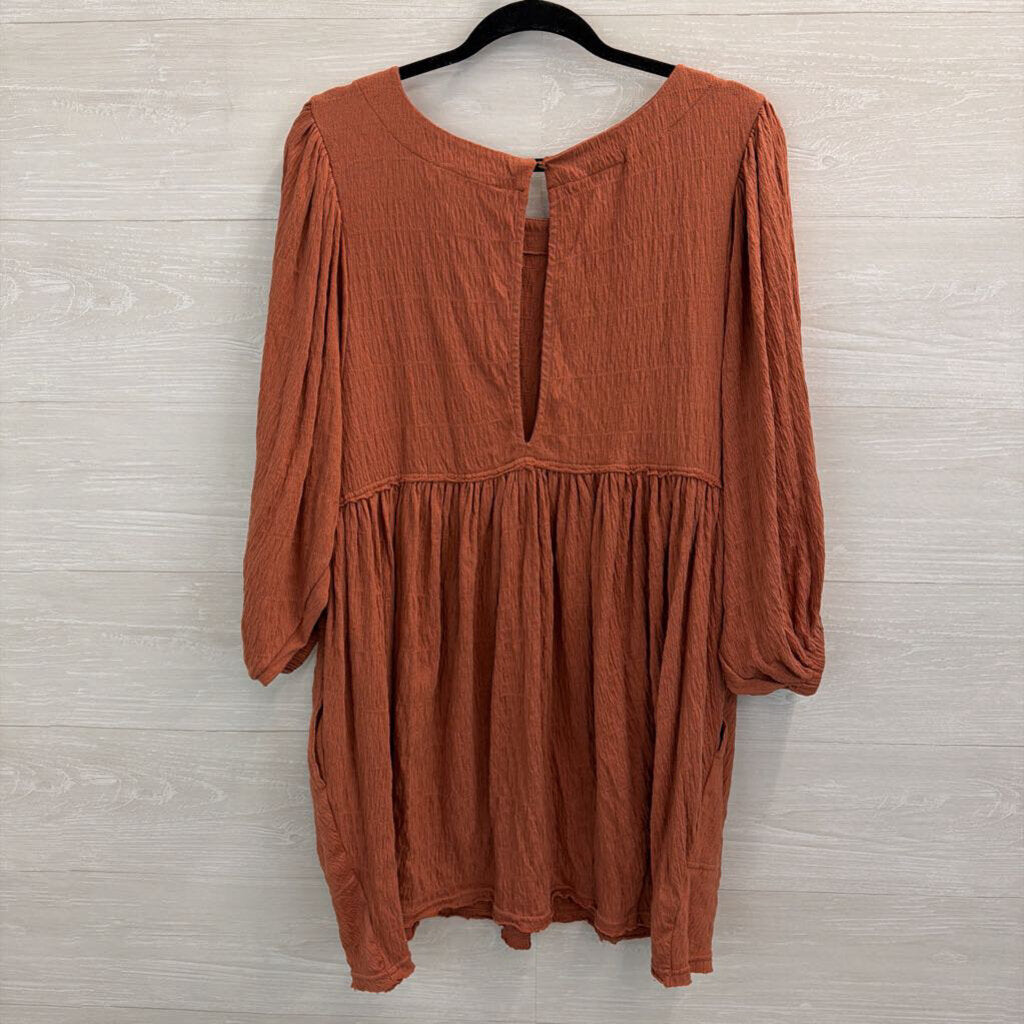 FP Beach Burnt Orange Textured Long Sleeve Baby Doll Dress Small