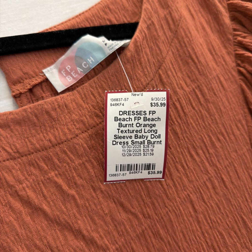 FP Beach Burnt Orange Textured Long Sleeve Baby Doll Dress Small