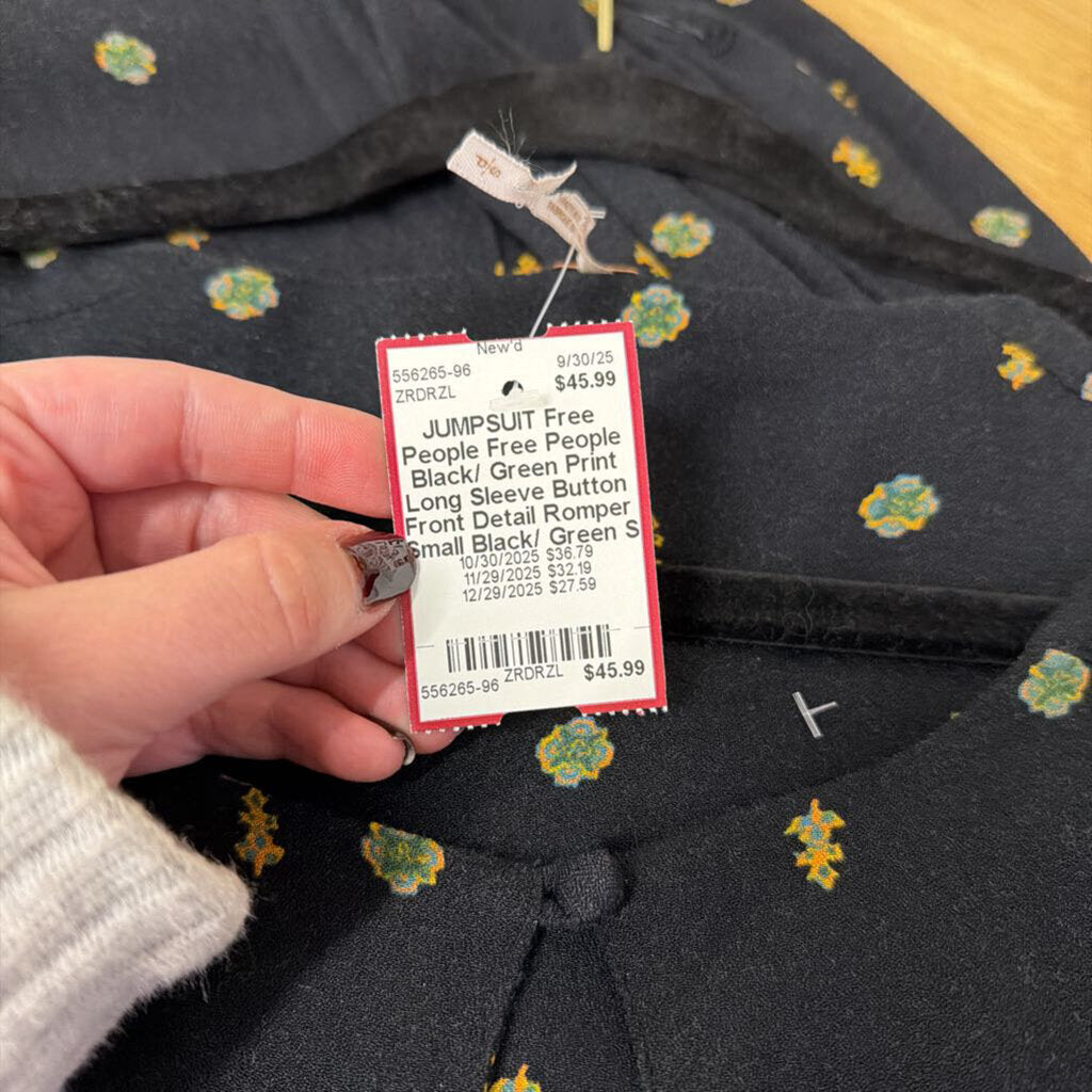 Free People Black/ Green Print Long Sleeve Button Front Detail Romper Small