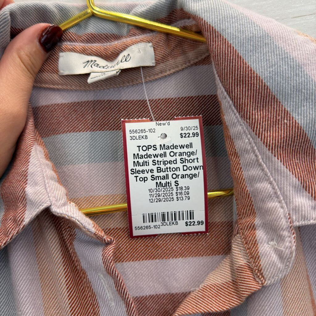 Madewell Orange/ Multi Striped Short Sleeve Button Down Top Small