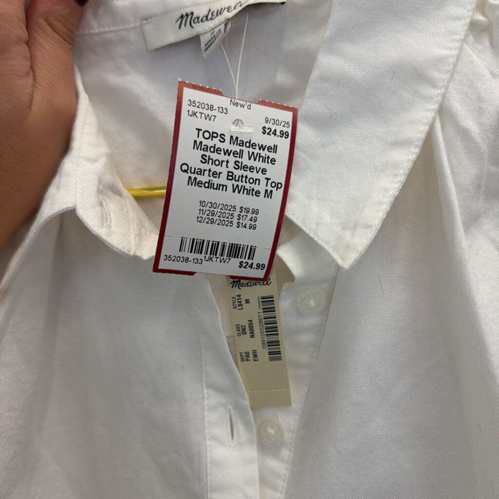 Madewell White Short Sleeve Quarter Button Top Medium