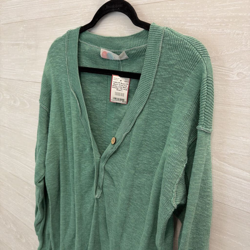 FP Beach Green Knit Henley Long Sleeve Sweater Top Large