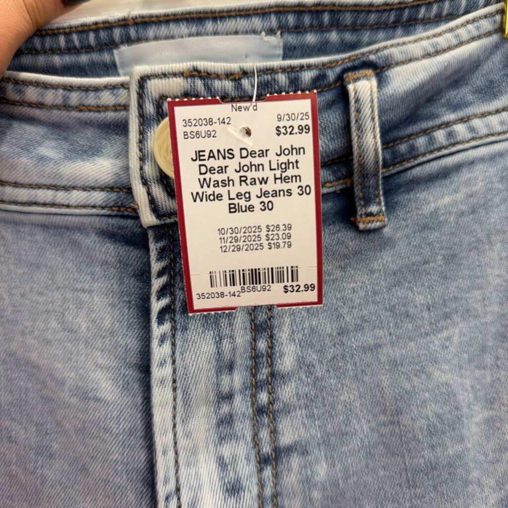 Dear John Light Wash Raw Hem Wide Leg Jeans 30