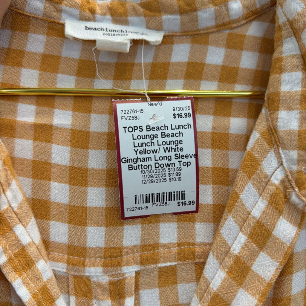 Beach Lunch Lounge Yellow/ White Gingham Long Sleeve Button Down Top 2X