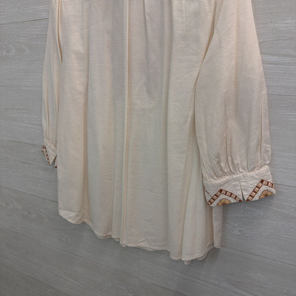 Knox Rose White/ Brown Embroidered Long Sleeve Half Button Front Top Large