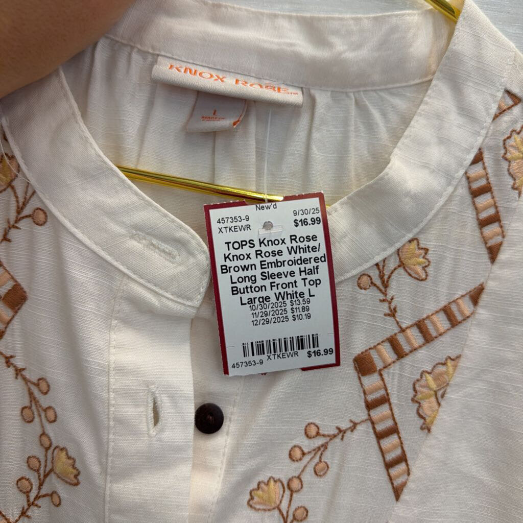 Knox Rose White/ Brown Embroidered Long Sleeve Half Button Front Top Large