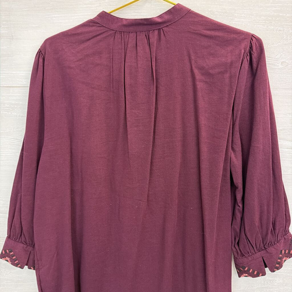Knox Rose Burgundy Embroidered Long Sleeve Half Button Front Top Large