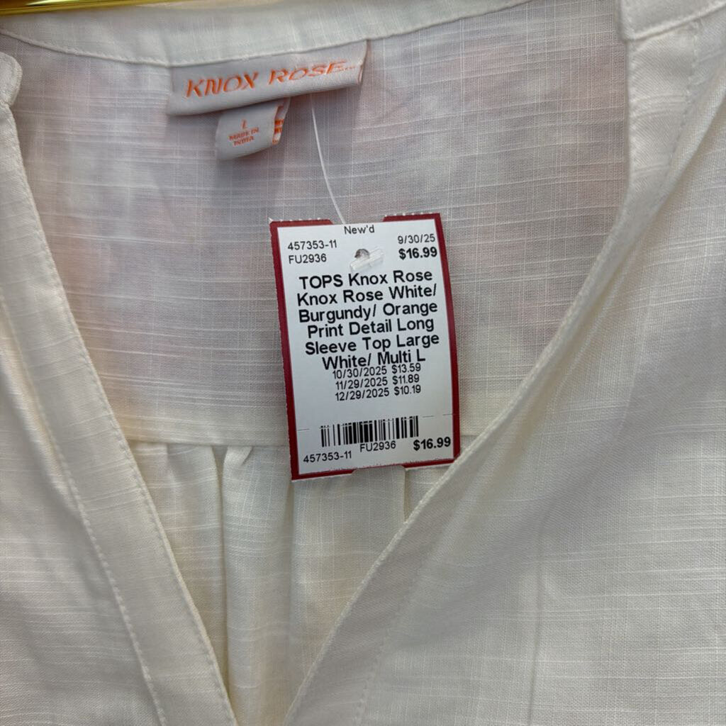 Knox Rose White/ Burgundy/ Orange Print Detail Long Sleeve Top Large