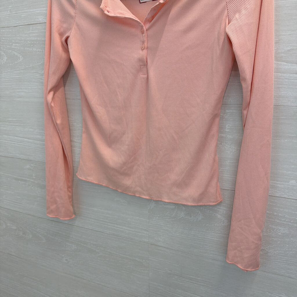 Pink Ribbed Long Sleeve Henley Top Small