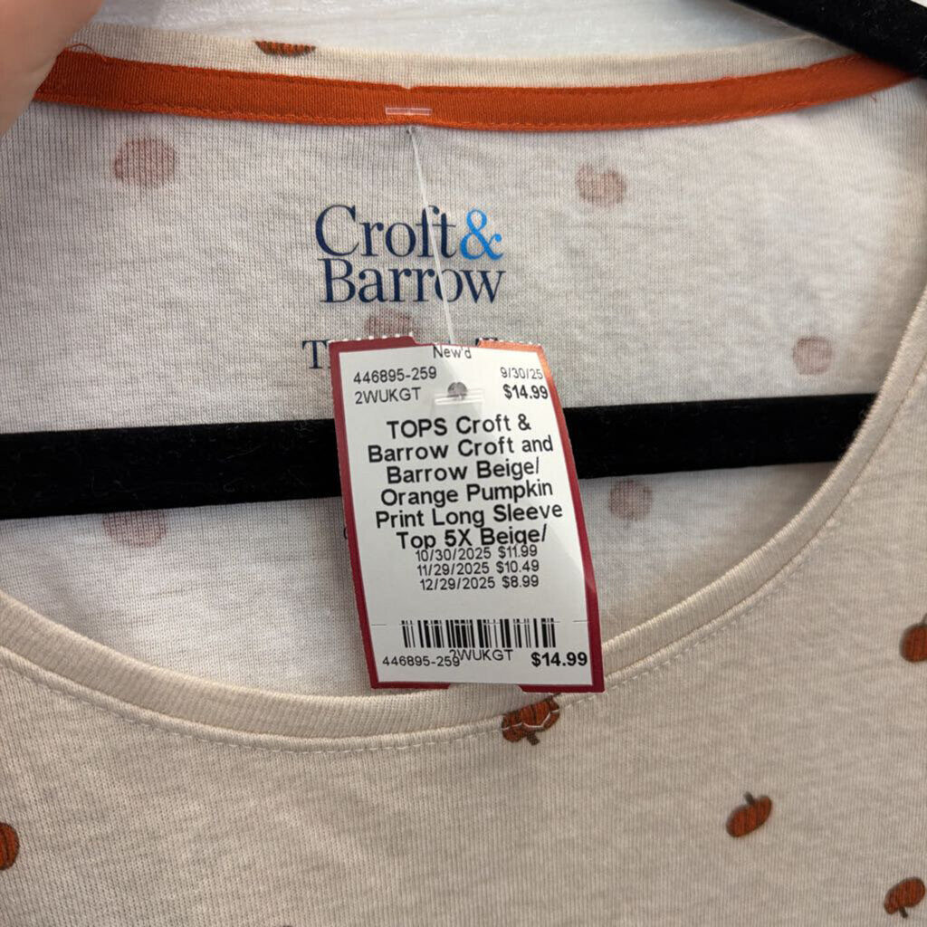Croft and Barrow Beige/ Orange Pumpkin Print Long Sleeve Top 5X