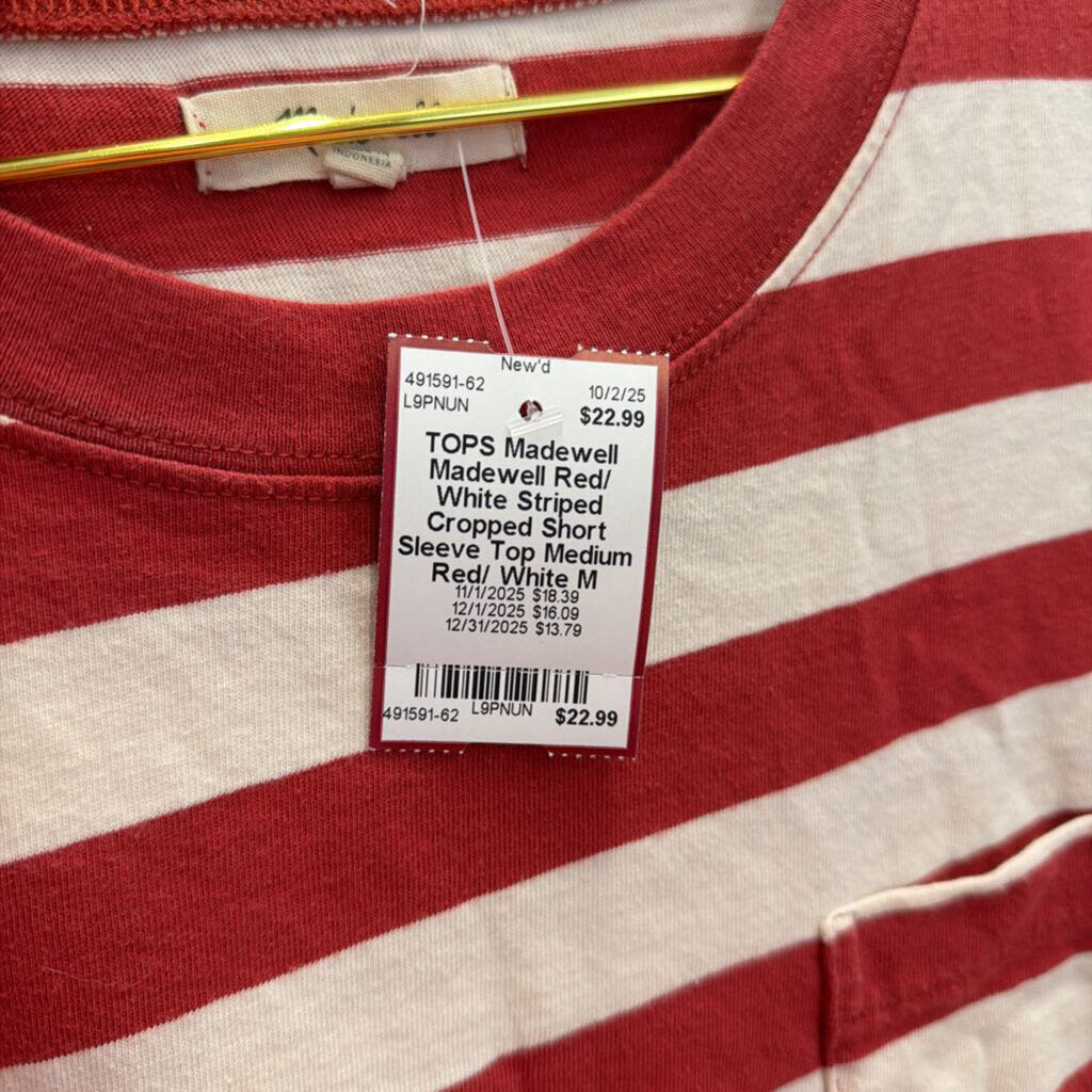 Madewell Red/ White Striped Cropped Short Sleeve Top Medium