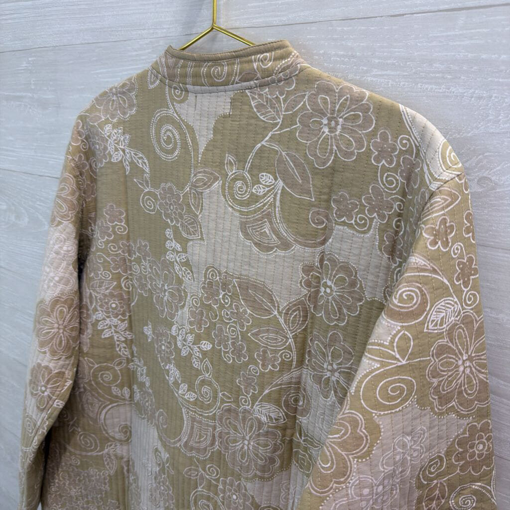Henna Beige/ White Flower Print Quilted Button Front Jacket One Size