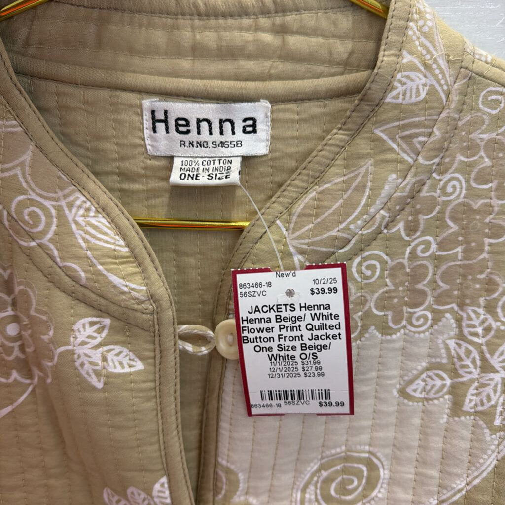 Henna Beige/ White Flower Print Quilted Button Front Jacket One Size