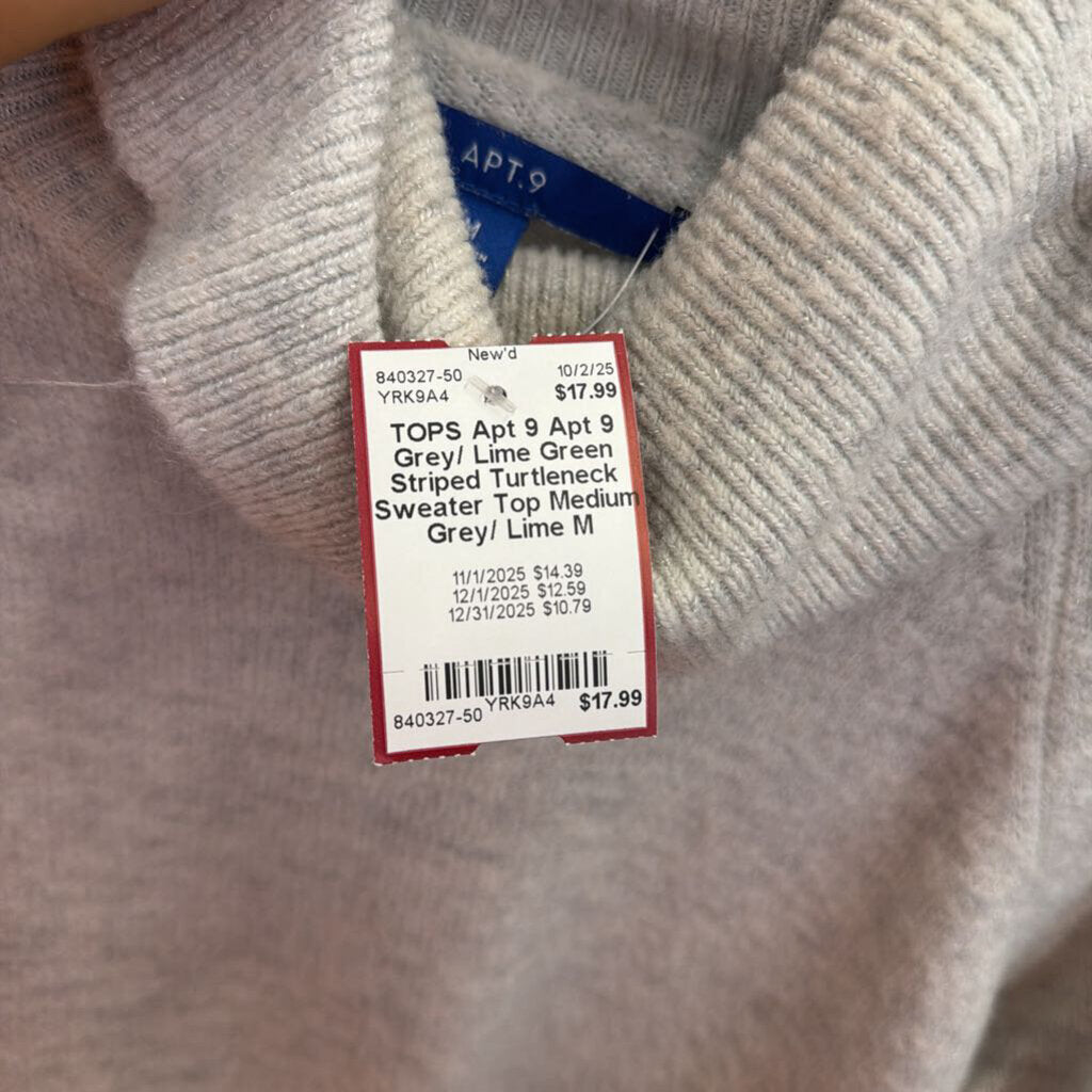 Apt 9 Grey/ Lime Green Striped Turtleneck Sweater Top Medium