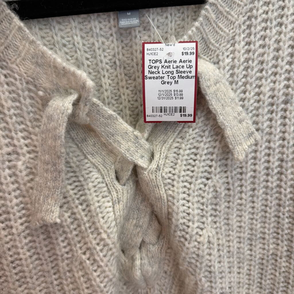 Aerie Grey Knit Lace Up Neck Long Sleeve Sweater Top Medium