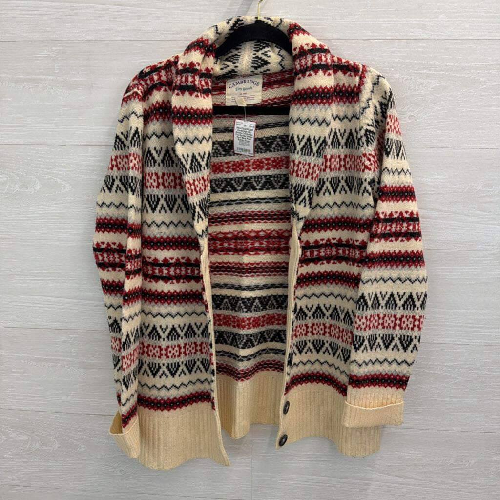 Cambridge Dry Goods White/ Red/ Blue Print Button Front Sweater Large