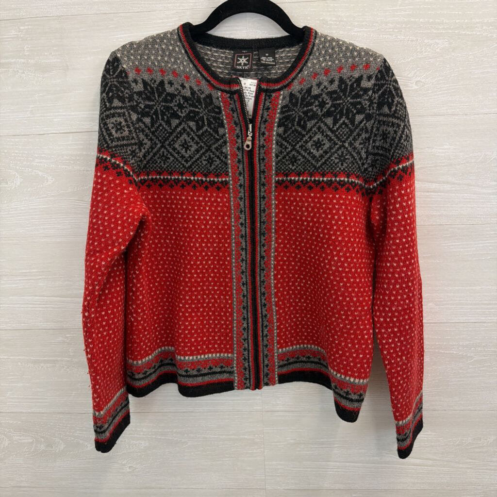 Vintage SKYR Red/ Grey Nordic Print 100% Wool Zip Front Sweater Medium