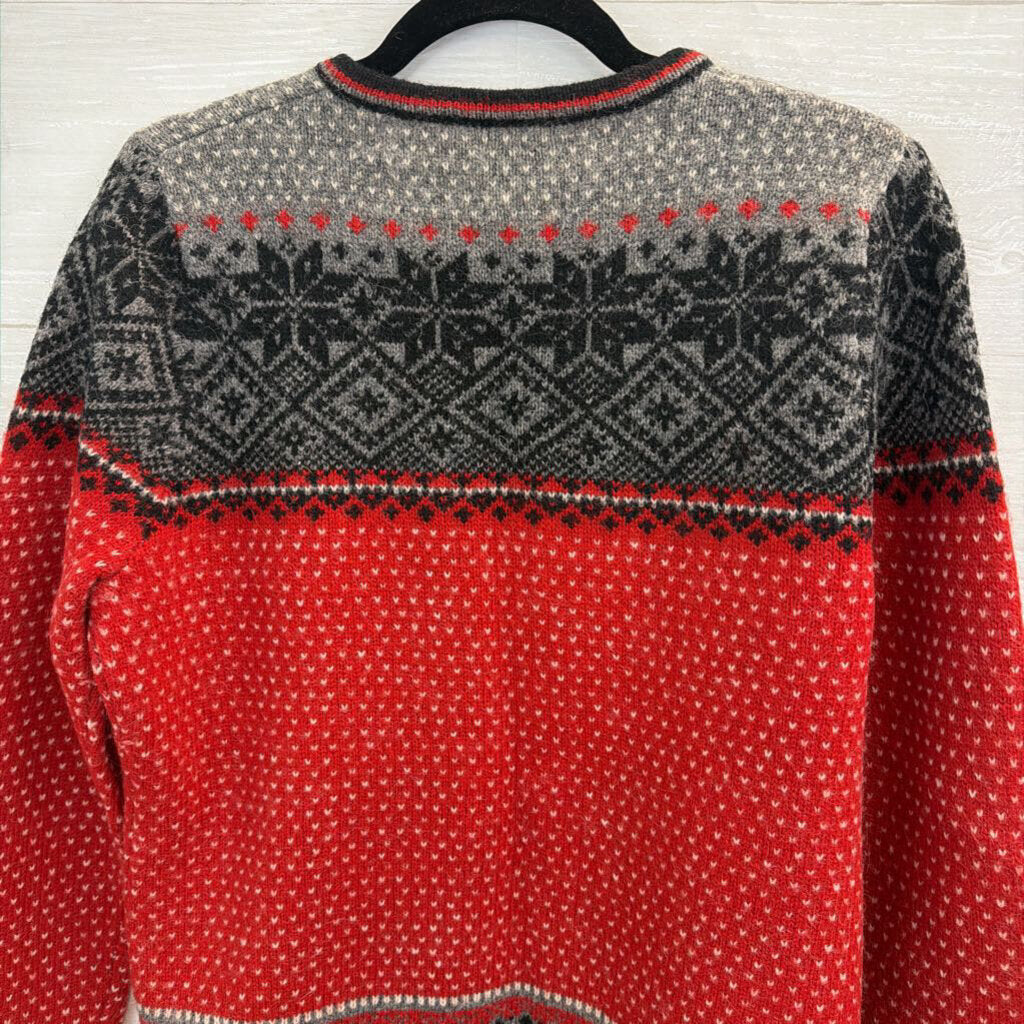 Vintage SKYR Red/ Grey Nordic Print 100% Wool Zip Front Sweater Medium