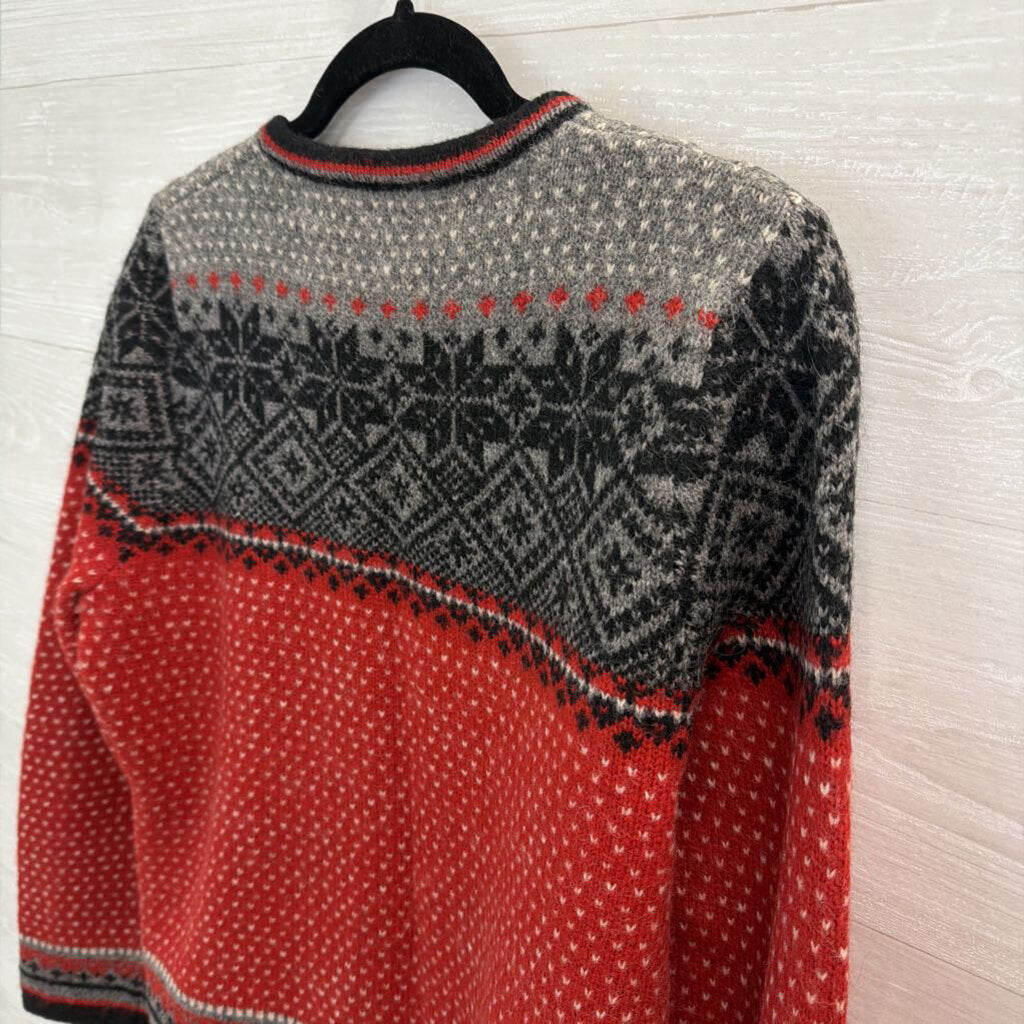 Vintage SKYR Red/ Grey Nordic Print 100% Wool Zip Front Sweater Medium