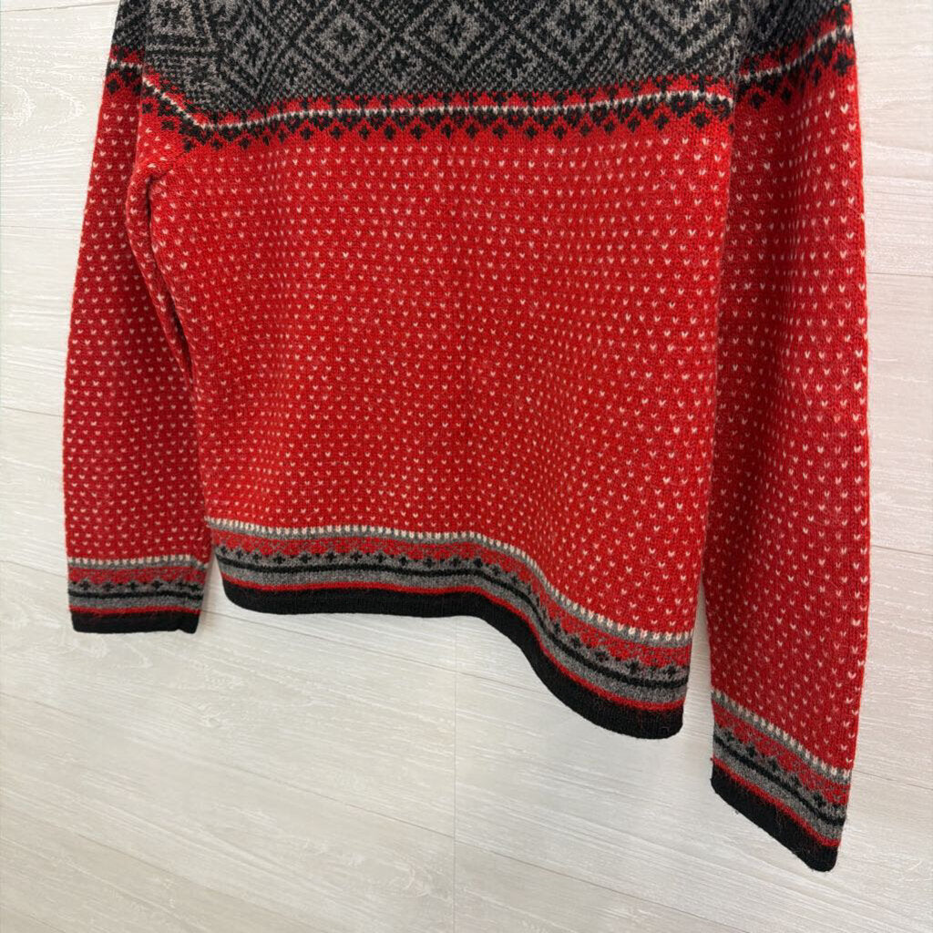 Vintage SKYR Red/ Grey Nordic Print 100% Wool Zip Front Sweater Medium