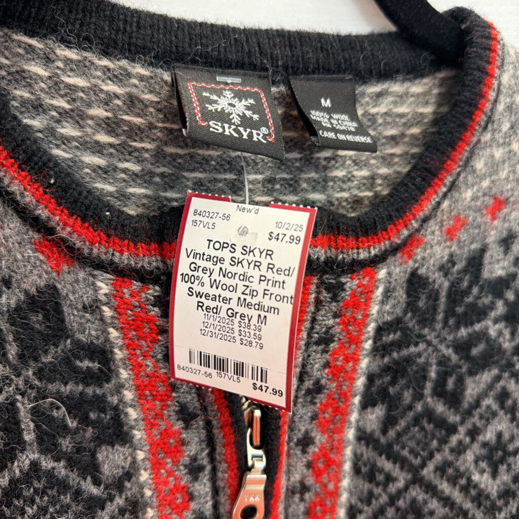 Vintage SKYR Red/ Grey Nordic Print 100% Wool Zip Front Sweater Medium