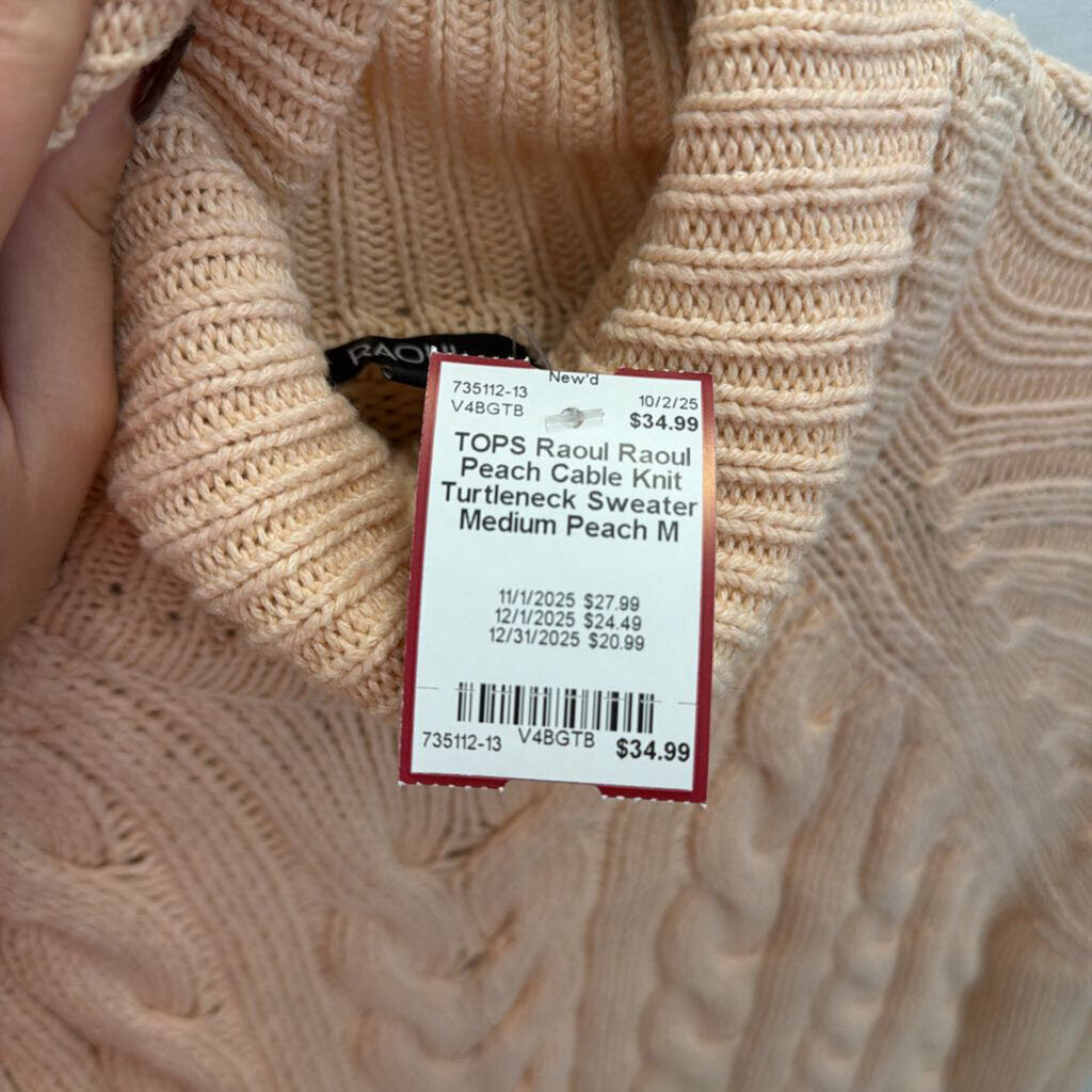 Raoul Peach Cable Knit Turtleneck Sweater Medium