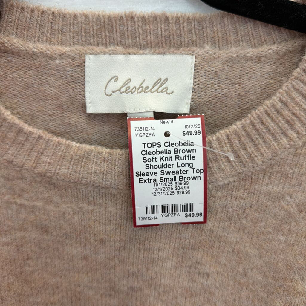 Cleobella Brown Soft Knit Ruffle Shoulder Long Sleeve Sweater Top Extra Small