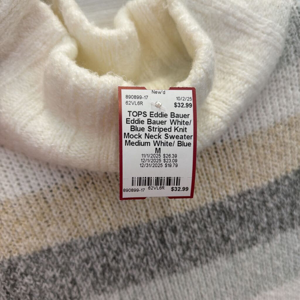 Eddie Bauer White/ Blue Striped Knit Mock Neck Sweater Medium