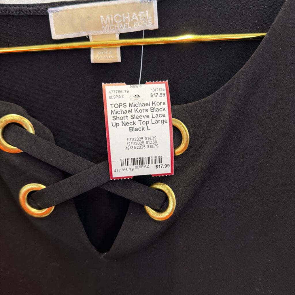 Michael Kors Black Short Sleeve Lace Up Neck Top Large