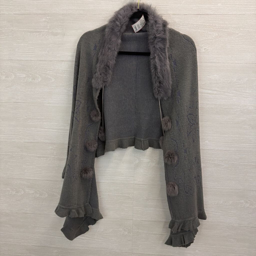 Grey Fuzzy Pom Poms Shoulder Cape Top One Size