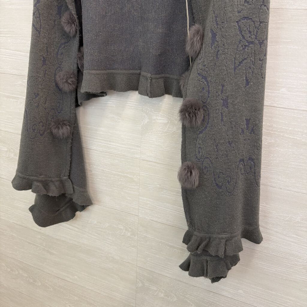 Grey Fuzzy Pom Poms Shoulder Cape Top One Size