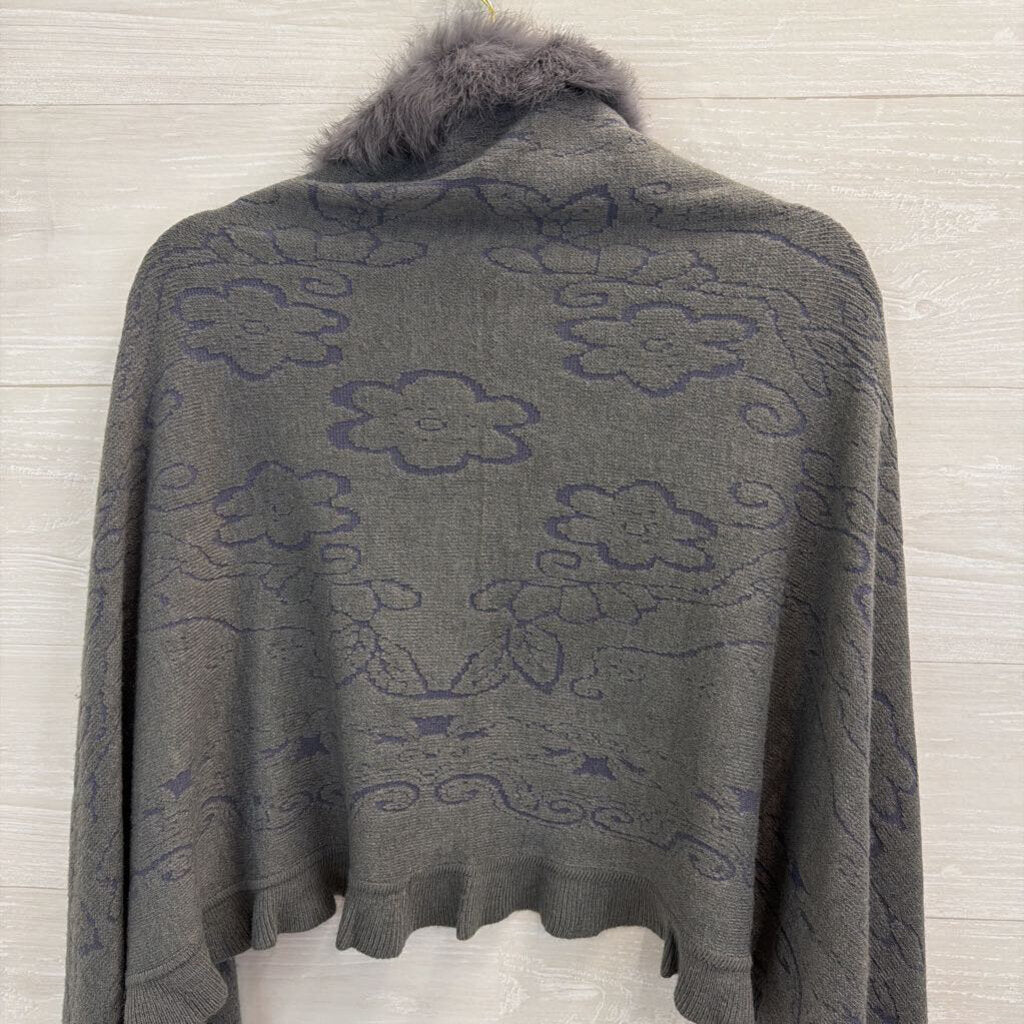 Grey Fuzzy Pom Poms Shoulder Cape Top One Size
