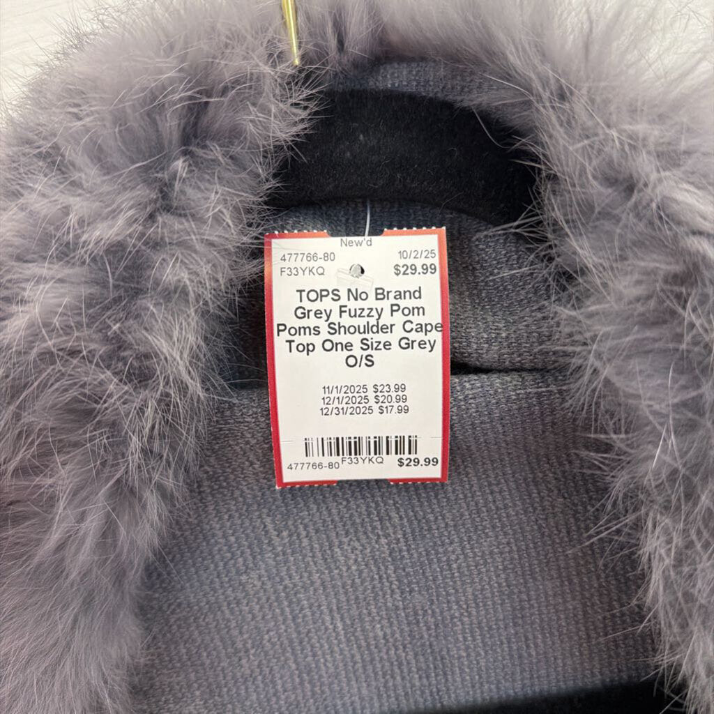 Grey Fuzzy Pom Poms Shoulder Cape Top One Size