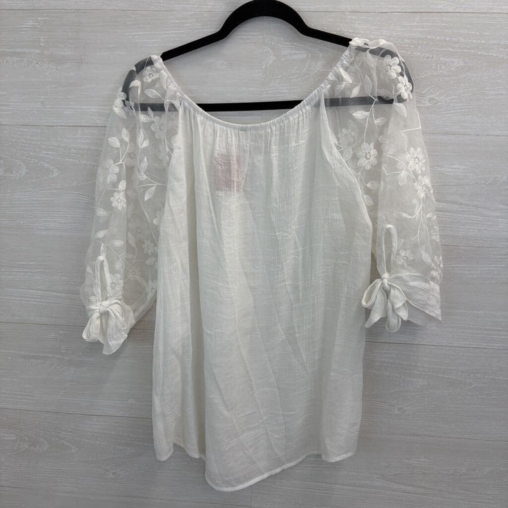 White Button Front Sheer Embroidered Puff Sleeve Top Large