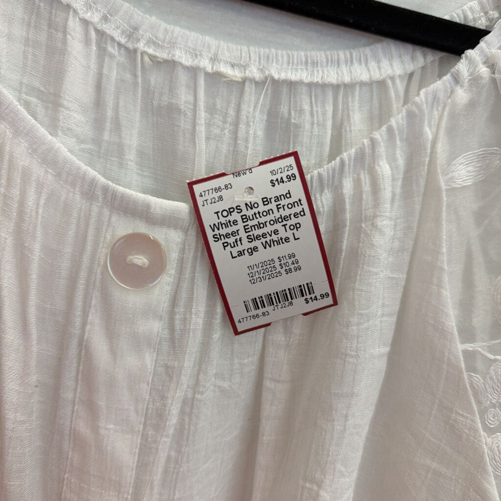White Button Front Sheer Embroidered Puff Sleeve Top Large