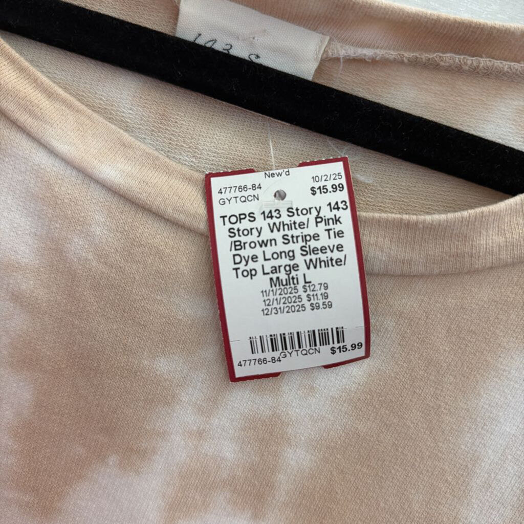 143 Story White/ Pink /Brown Stripe Tie Dye Long Sleeve Top Large