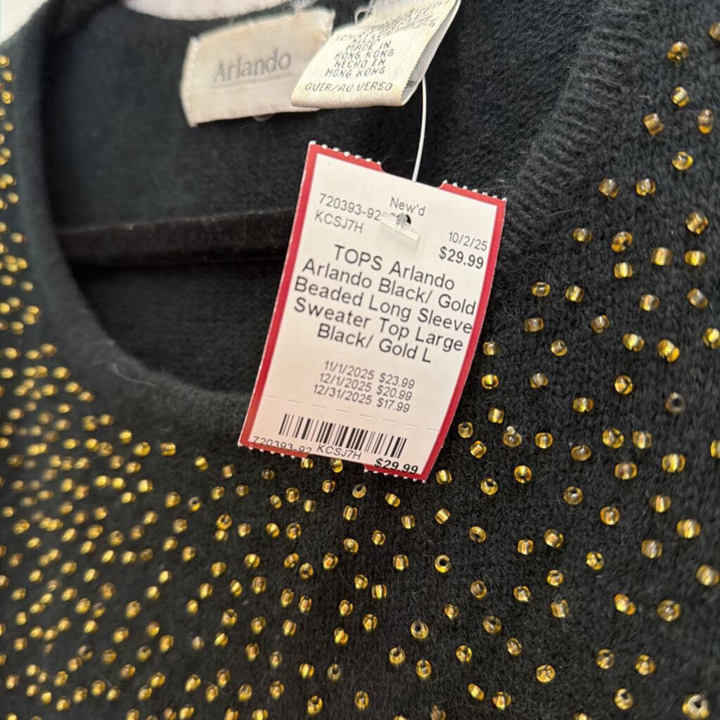 Arlando Black/ Gold Beaded Long Sleeve Sweater Top Large