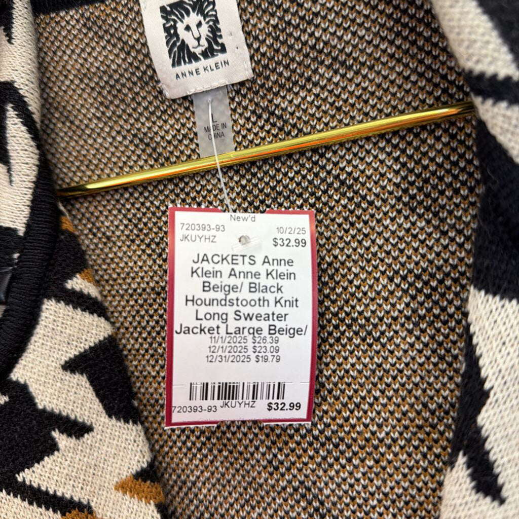 Anne Klein Beige/ Black Houndstooth Knit Long Sweater Jacket Large