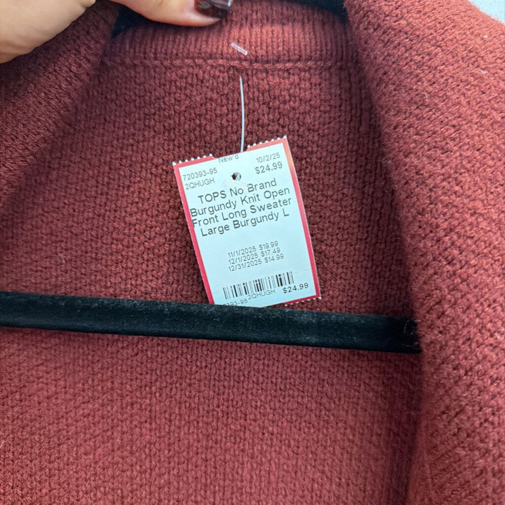 Burgundy Knit Open Front Long Sweater Large